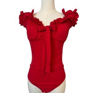 NWT MISSGUIDED Off-The-Shoulder Medium Red Ruffle Thong Bodysuit Flirty Stretch